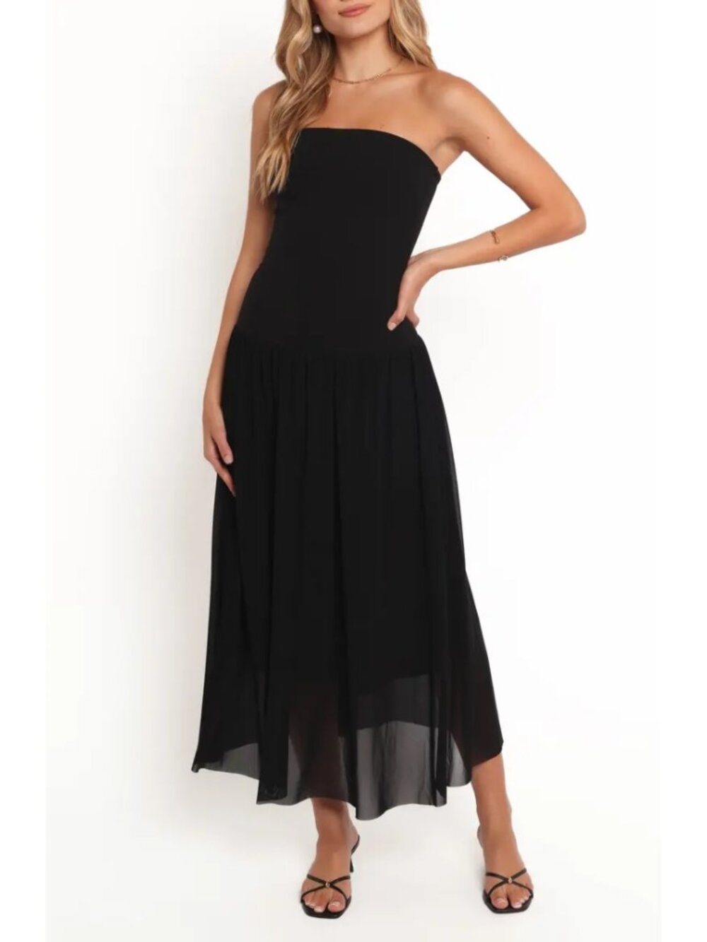 Petal & Pup Caitie Midi Strapless Black Mesh Party Dress Flowy Size XS